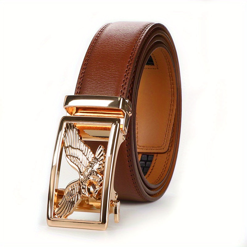 Showlu men's genuine leather ratchet belts with eagle buckle, 2-pack, featuring sleek brown and black leather straps and detailed buckle design.