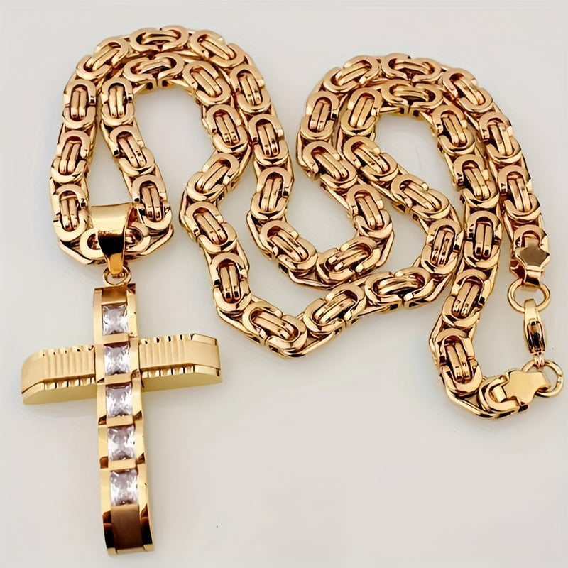 Showlu men's 14K gold plated stainless steel cross pendant necklace hanging on a chain.
