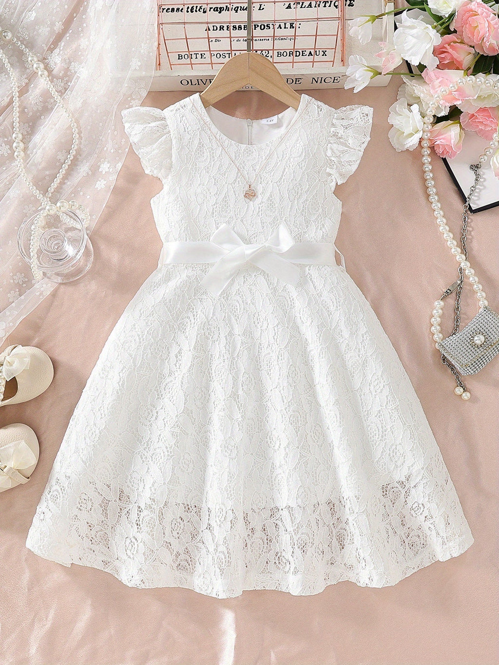 SHOWLU girls' lace fly sleeve summer dress with belt, solid color woven design, featuring delicate lace details and a comfortable fit.