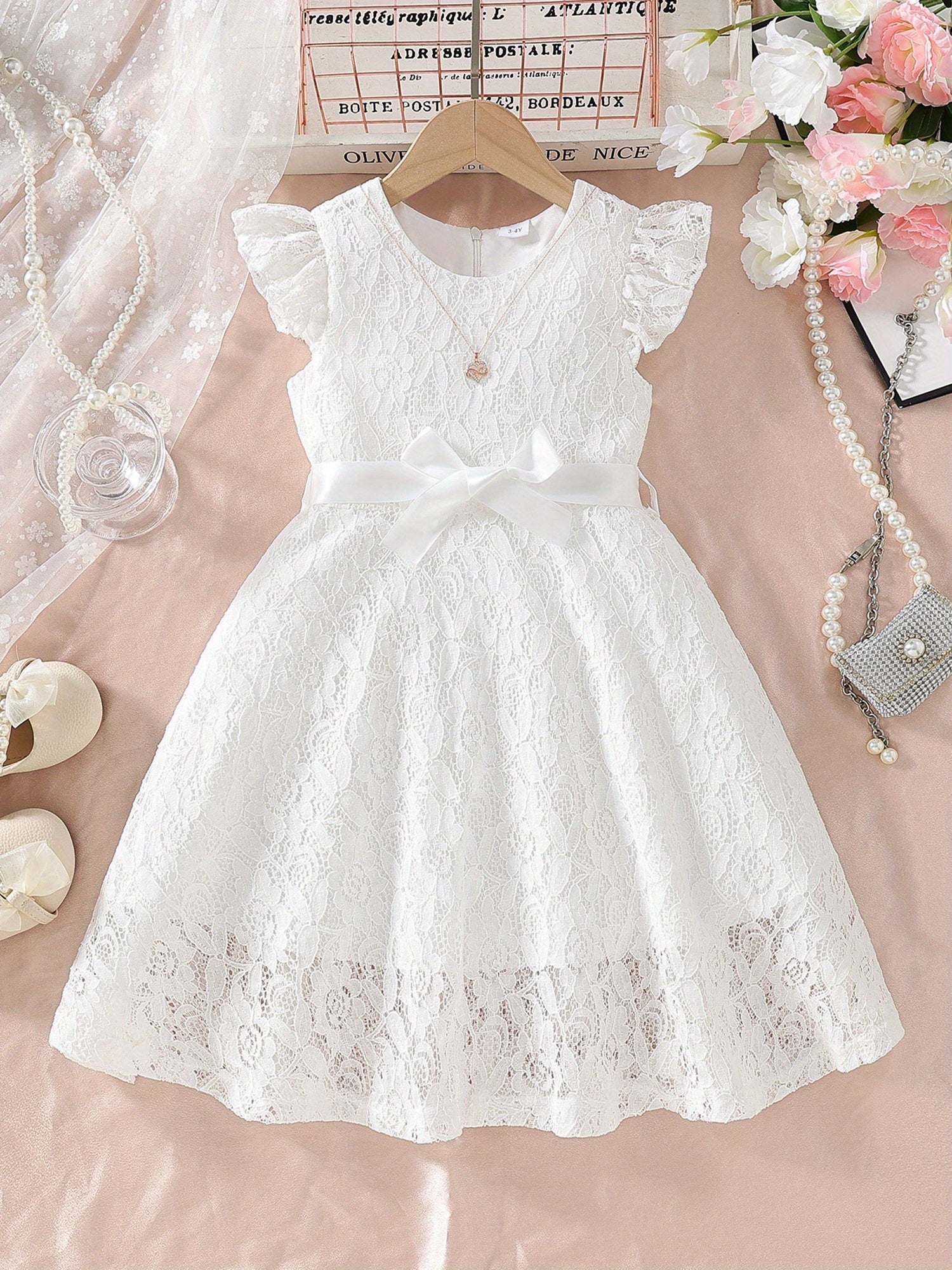 SHOWLU girls' lace fly sleeve summer dress with belt, solid color woven design, featuring delicate lace details and a comfortable fit.