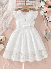 Girls Dress Lace Fly Sleeve Round Neck Casual Dress Fashion Summer Dress with Belt