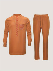 2024 Autumn New, Dashiki Men'S Set, Long Sleeve Top, Chest Embroidery, Hidden Button, Pocket, Round Neck, Split Hem, Elastic Pants, African Clothing, Men'S Casual Shirt and Trousers 2pcs Set, Four Seasons New 1 Set, Street St