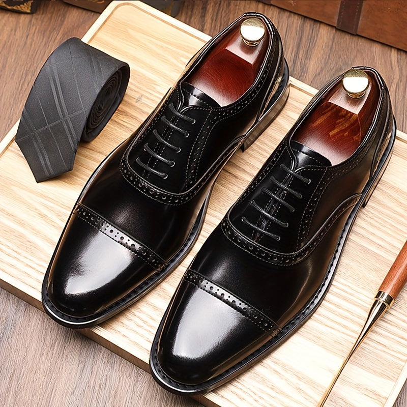 Men's SHOWLU split cow leather Oxford shoes with non-slip soles, formal footwear featuring sleek black design and classic lacing.