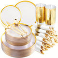 Showlu 840-piece gold plastic dinnerware set with clear plates and wrapped gold cutlery, ideal for large parties and events.