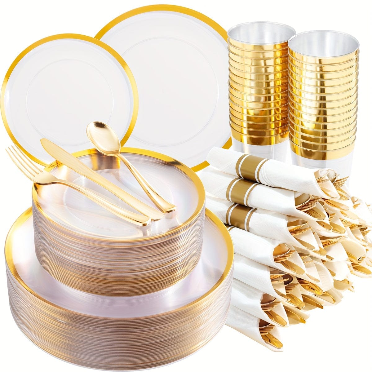 Showlu 840-piece gold plastic dinnerware set with clear plates and wrapped gold cutlery, ideal for large parties and events.