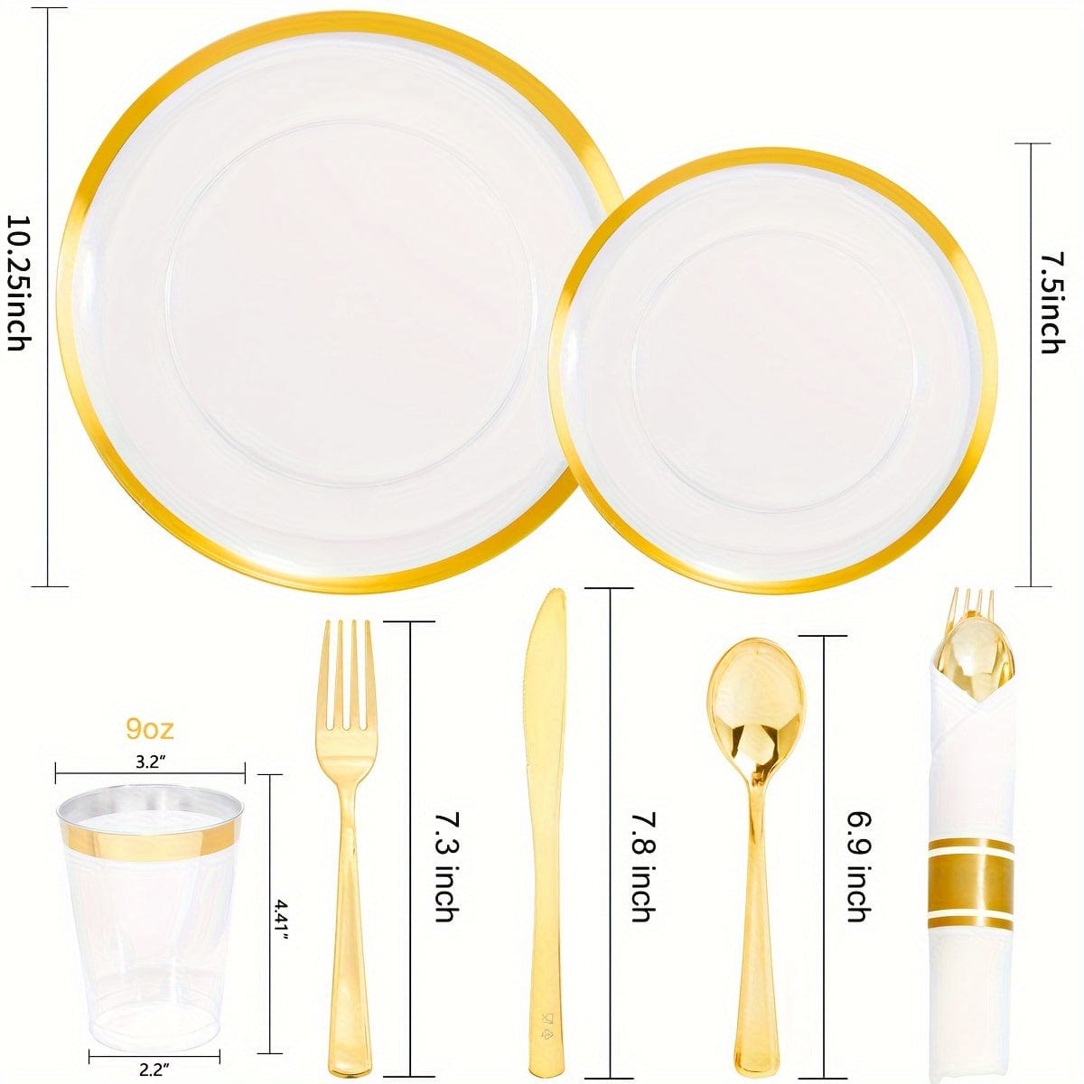 Showlu 840-piece gold plastic dinnerware set with clear plates, gold trim, and wrapped cutlery for large gatherings and parties.