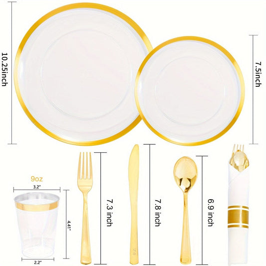 840pcs Gold Plastic Dinnerware set Include Wrapped Plastic Gold Silverware, Clear and Gold Plastic Plates, Disposable Cutlery Clear Plates with Gold Trim for Parties, Birthday Gifts 120Guests - SHOWLU FASHION STORE