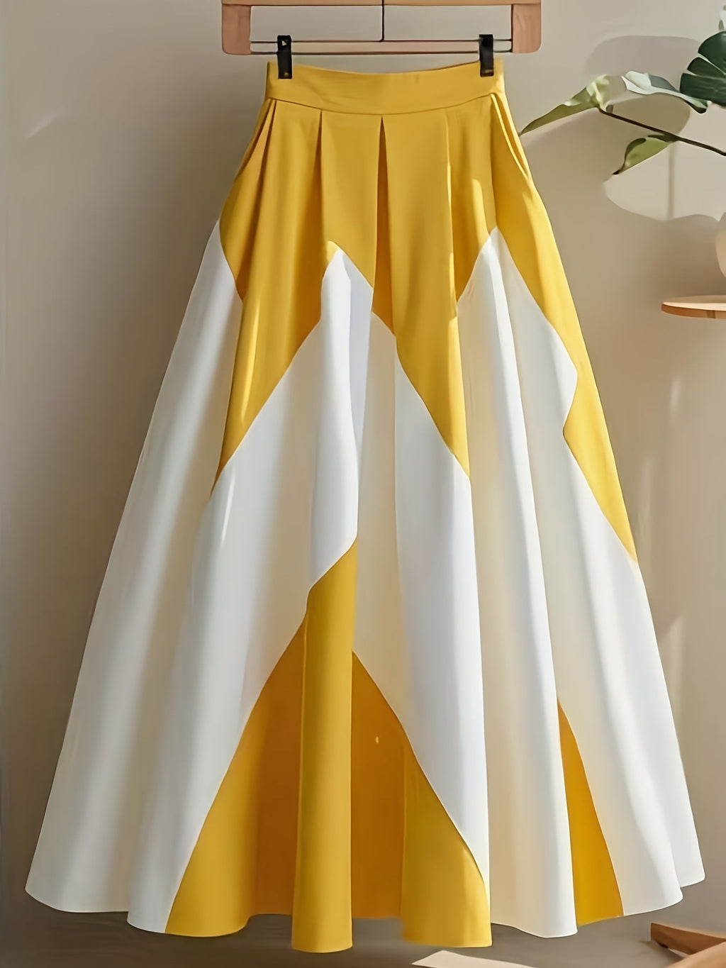 Yellow and white striped high-waist A-line skirt by SHOWLU FASHION, made of polyester, displayed on a hanger.