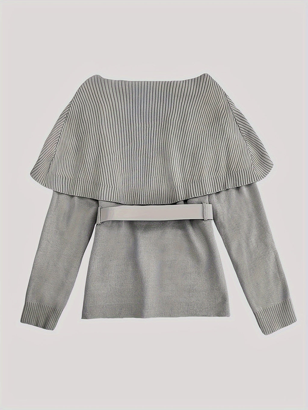 SHOWLU FASHION grey knit cardigan with cape shawl and belt, featuring cozy, layered design and stylish belt detail.