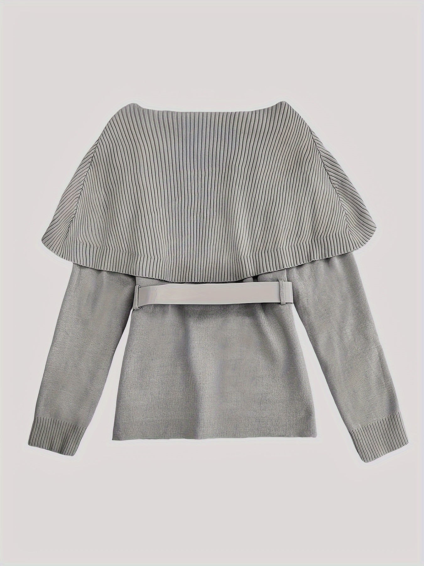 SHOWLU FASHION grey knit cardigan with cape shawl and belt, featuring cozy, layered design and stylish belt detail.