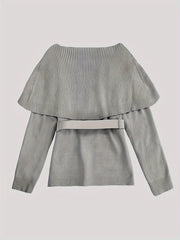 Elegant Grey Soft Polyester Crew Neck 1pc Knit Cardigan with Cape Shawl - Long Sleeve Sweater with Belt, Unique Design Solid Color Pullover for Spring/Summer/Fall - 2024 New Arrival