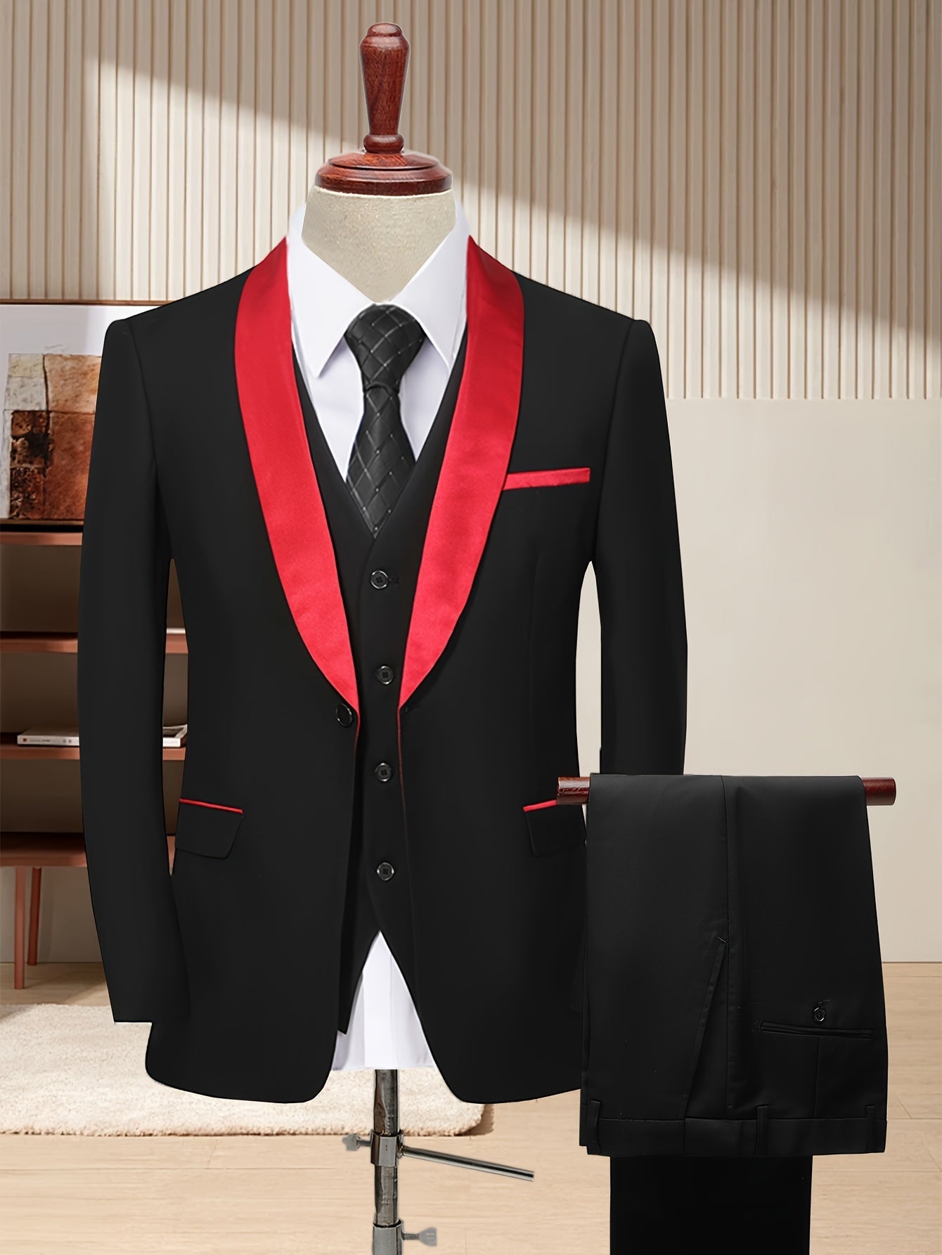 Men's slim fit wedding suit by LIVEZOU, includes tuxedo jacket, trousers, and vest with shawl collar for formal occasions.