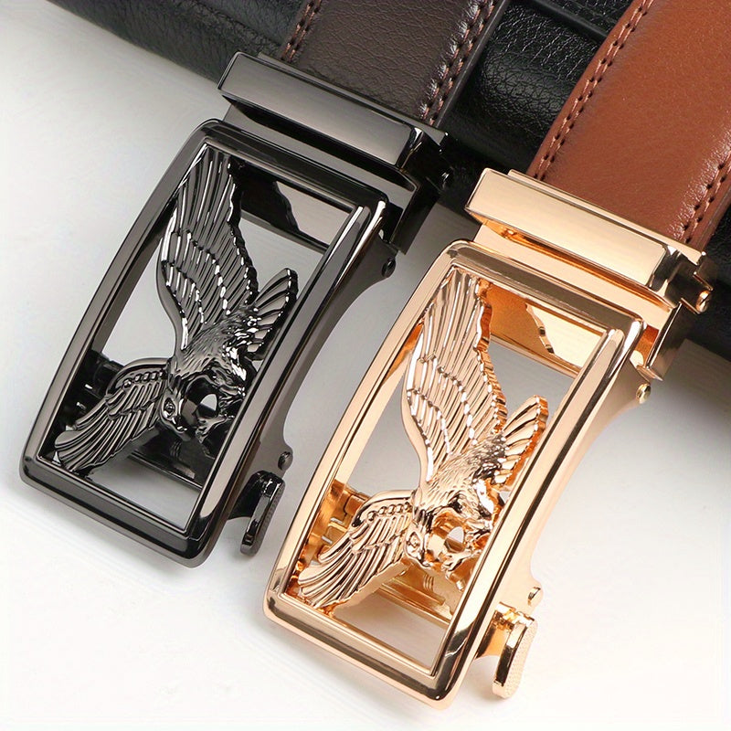 Showlu men's genuine leather ratchet belts with eagle buckles, 2-pack, stylish and durable accessories for everyday wear.