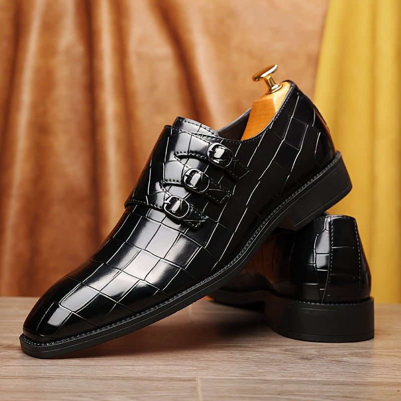 SHOWLU men's plaid microfiber leather Oxford dress shoes with buckle, featuring a classic design and stylish pattern.
