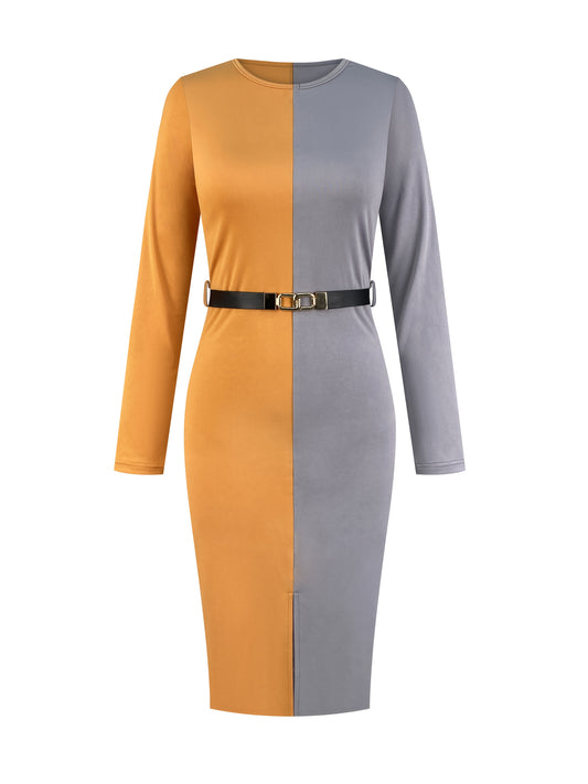 Women's Elegant Color-Block Panel Crewneck Long Sleeve Slit Dress with Belt - Stretchy Fabric, Fitted Silhouette, All-Season Versatile for Casual & Formal Occasions, Long Sleeve Dresses, Sophisticated Fashion, Comfortable Wea