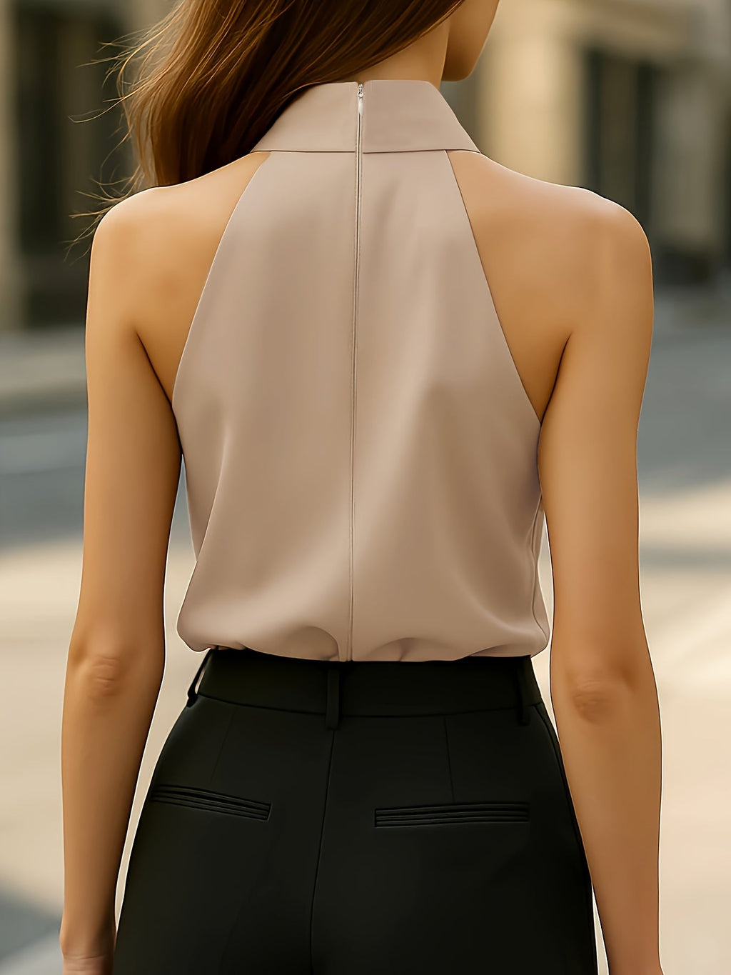 Beige women's sleeveless ruffled blouse with tie-neck from SHOWLU FASHION STORE, featuring a stylish and elegant design.