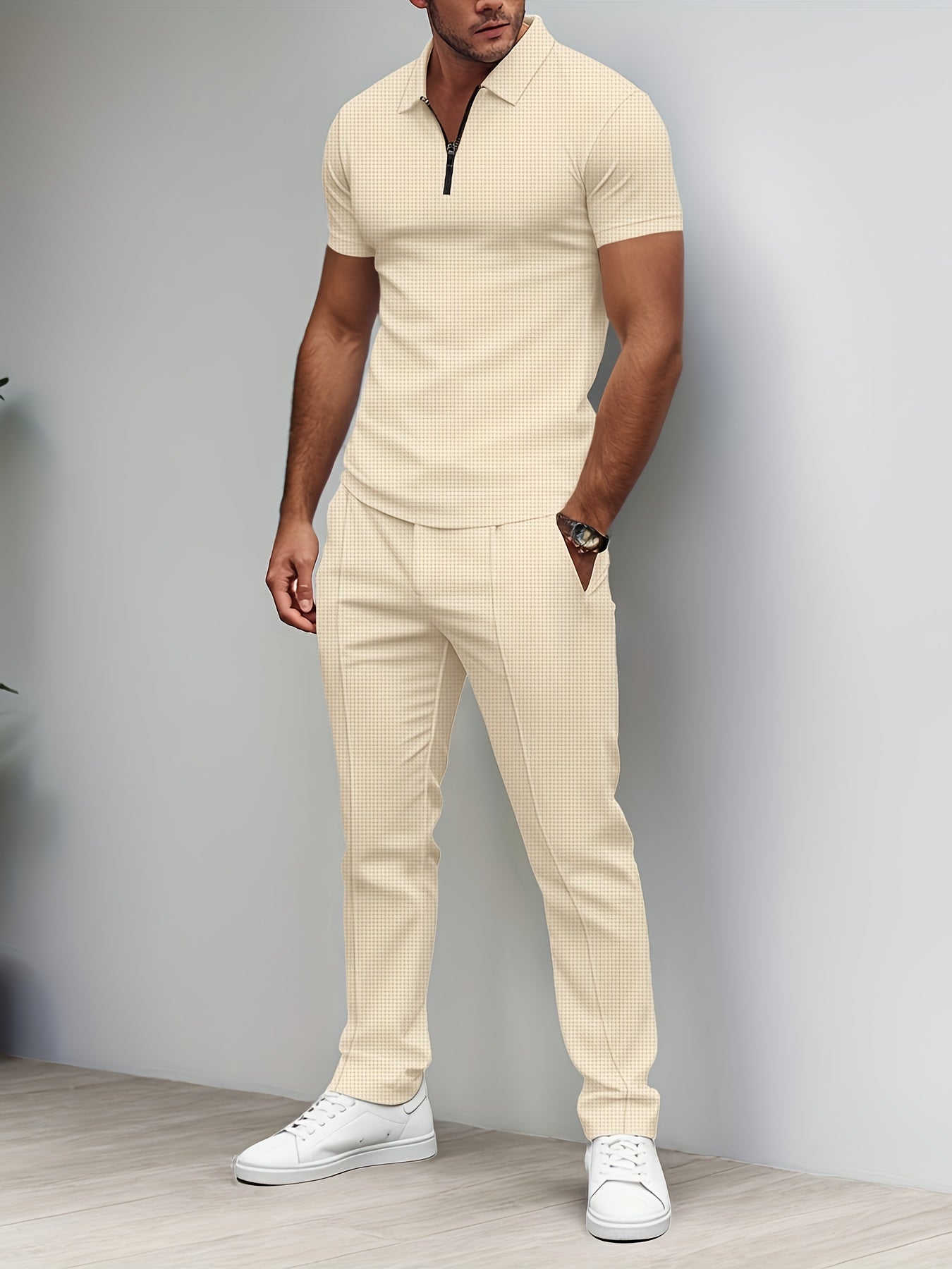 SHOWLU men's waffle texture short sleeve shirt and matching pants 2-piece set, casual comfortable clothing for men.
