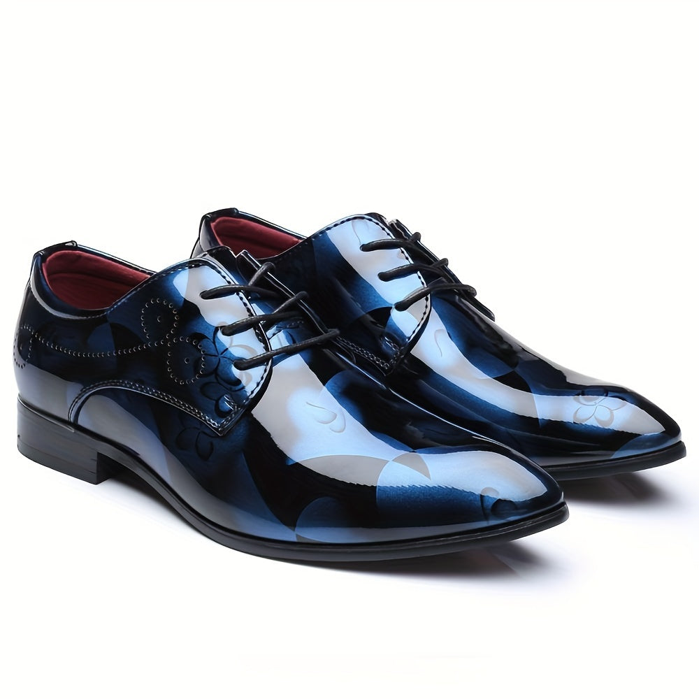 SHOWLU men's flower print pointed toe PU leather dress shoes for business, featuring stylish floral design and sleek silhouette.