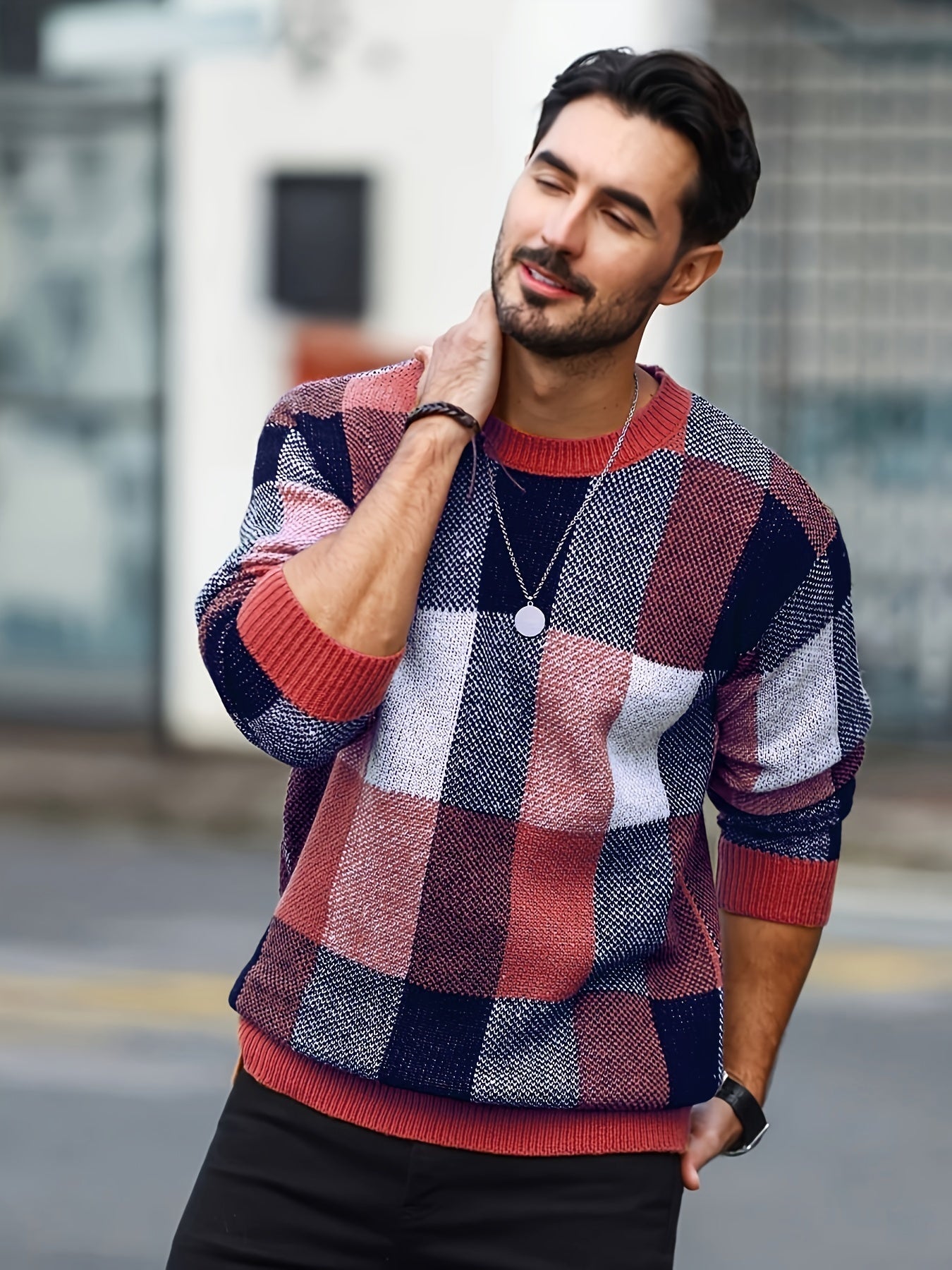 SHOWLU Men's plaid crew neck sweater, casual viscose knit pullover with plaid pattern and ribbed collar.