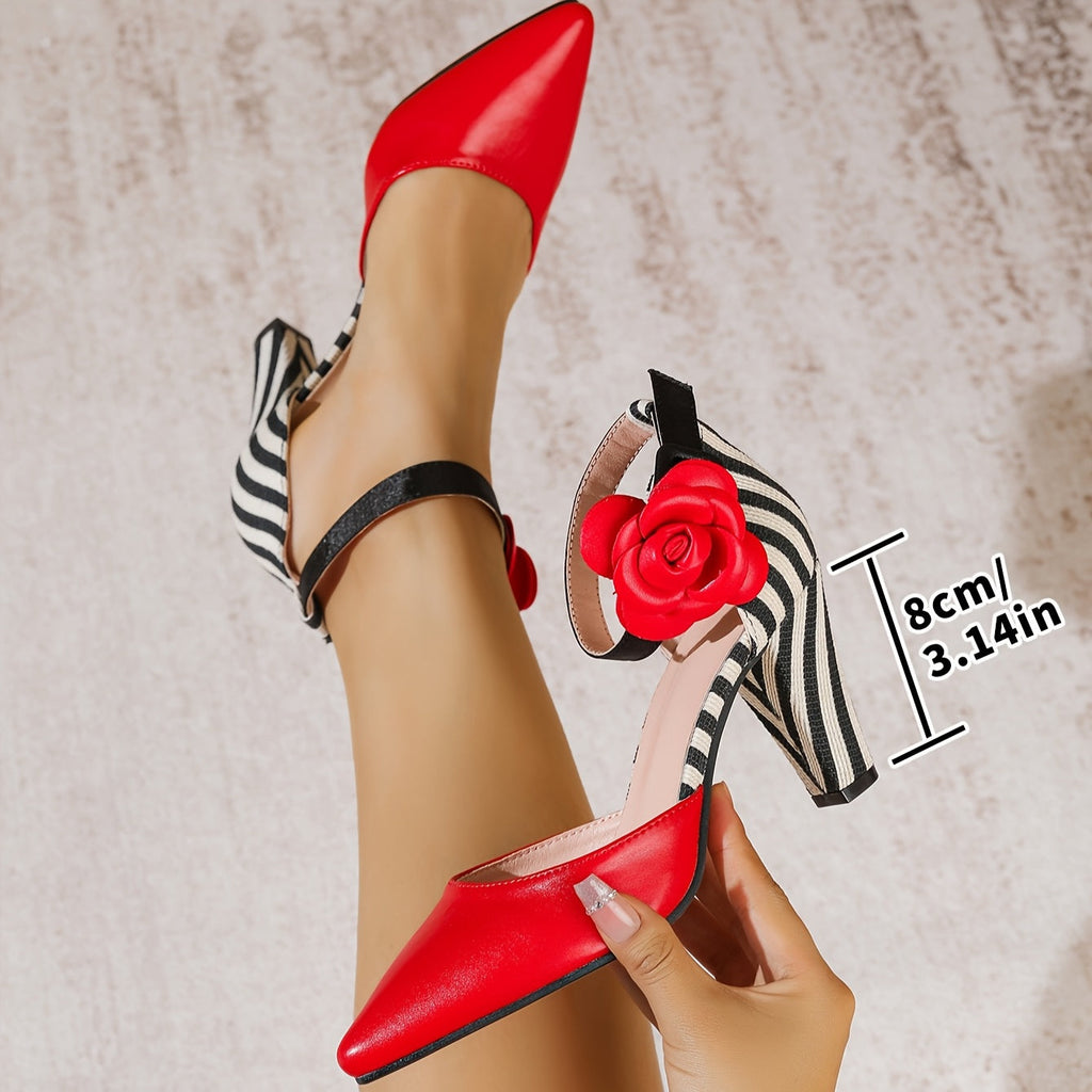 SHOWLU FASHION women's pointed-toe block heel pumps with red flower detail, stylish and elegant footwear for women.