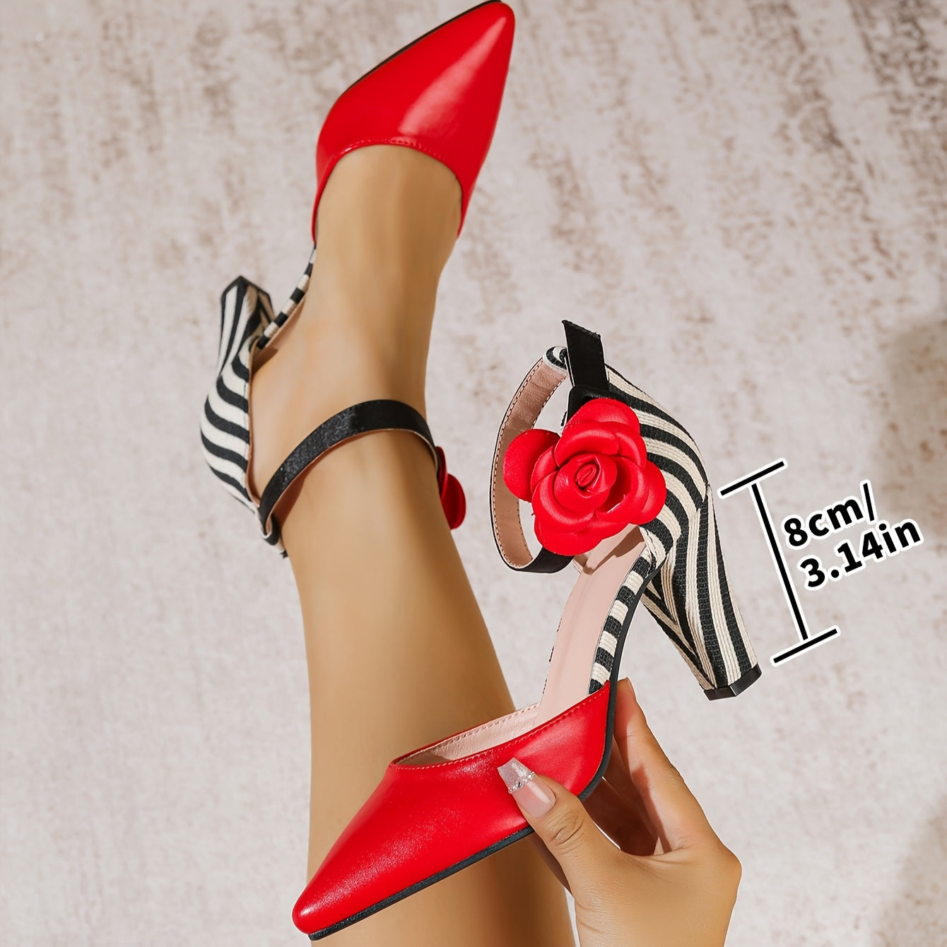 SHOWLU FASHION women's pointed-toe block heel pumps with red flower detail, stylish and elegant footwear for women.