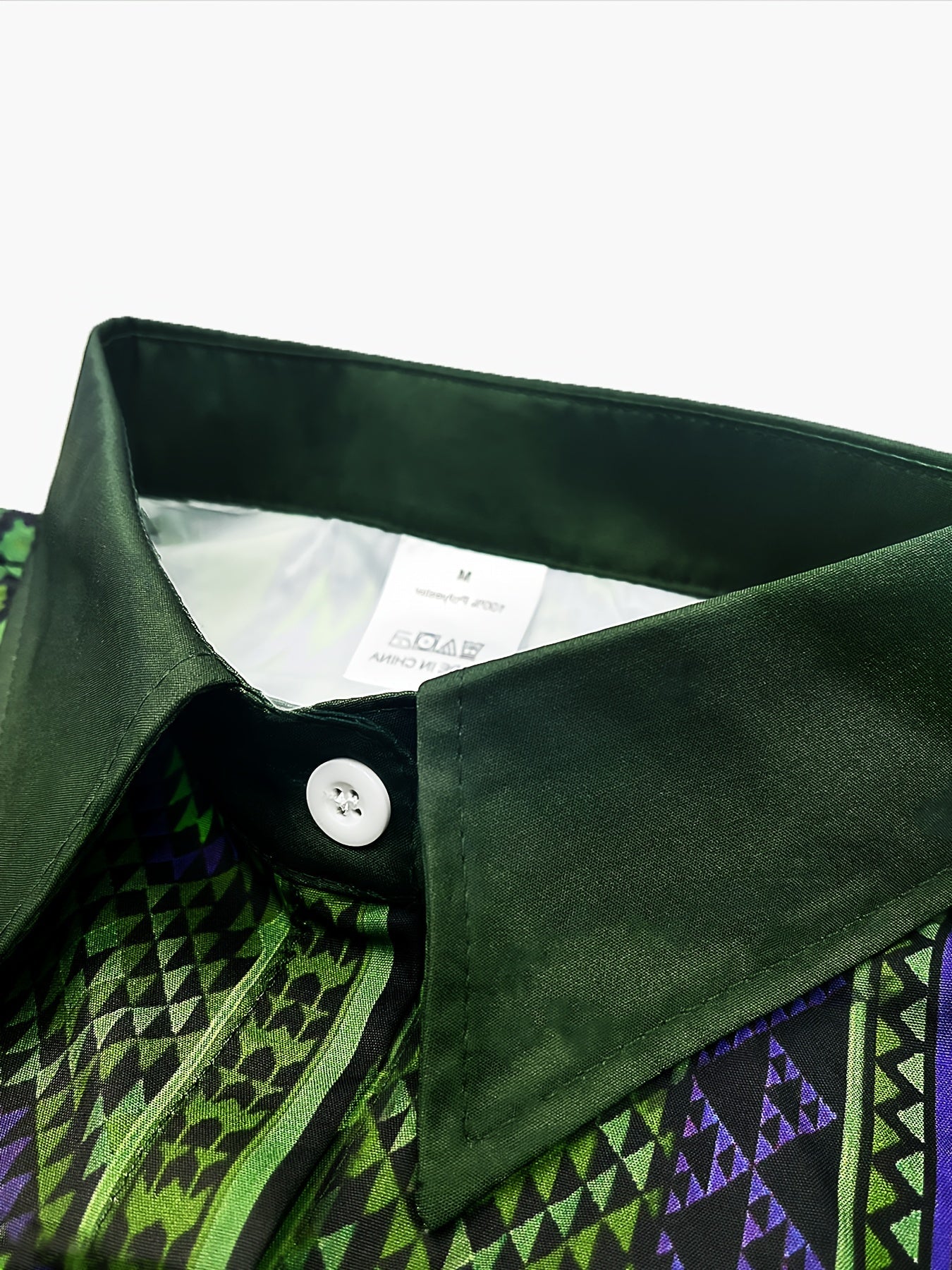 Dark green geometric print ethnic long sleeve men's shirt by Showlu Fashion Store, featuring traditional patterns and casual style.