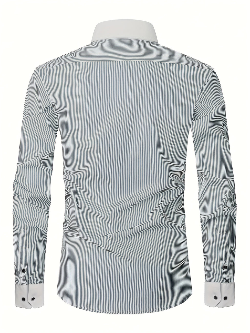 Men's slim fit striped formal shirt with French cuffs by Showlu Fashion Store, made of polyester fabric, shown in navy and white.