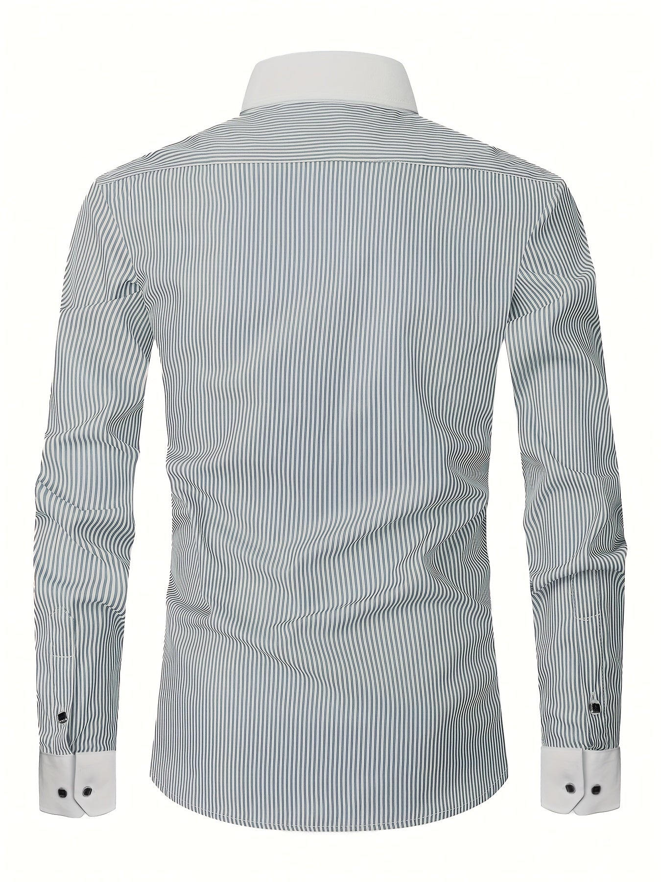 Men's slim fit striped formal shirt with French cuffs by Showlu Fashion Store, made of polyester fabric, shown in navy and white.