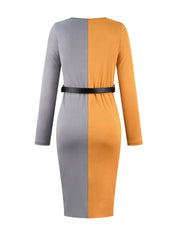 Women's Elegant Color-Block Panel Crewneck Long Sleeve Slit Dress with Belt - Stretchy Fabric, Fitted Silhouette, All-Season Versatile for Casual & Formal Occasions, Long Sleeve Dresses, Sophisticated Fashion, Comfortable Wea