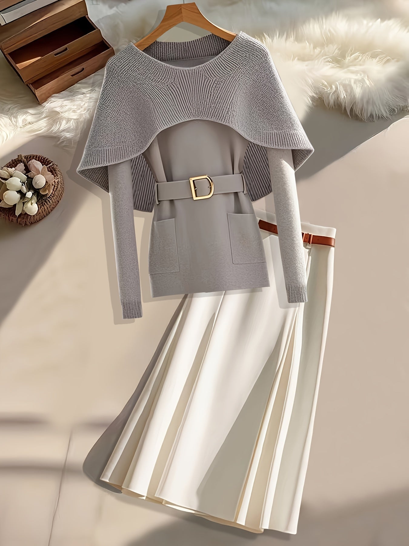 Grey knit cardigan by SHOWLU FASHION with cape shawl design and belt, stylish and cozy women's fashion sweater.