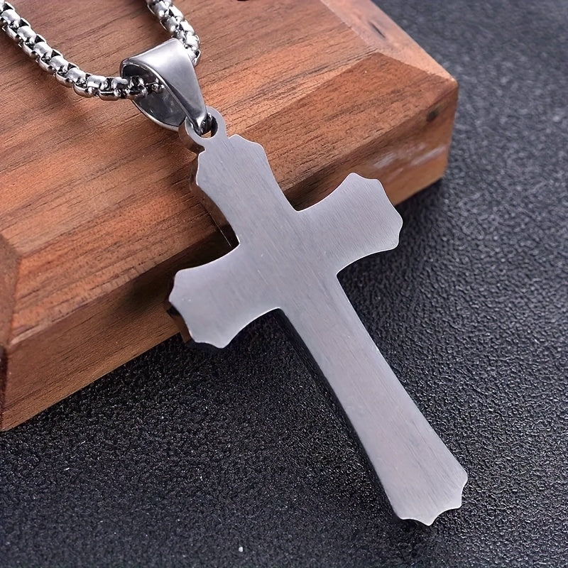Showlu 304 stainless steel cross pendant necklace with 18K gold plating, featuring a detailed religious cross design.