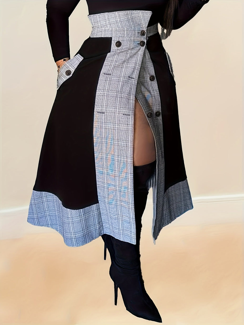 SHOWLU FASHION STORE plaid combo button skirt featuring an elegant knit polyester fabric with a stylish pattern and button details.