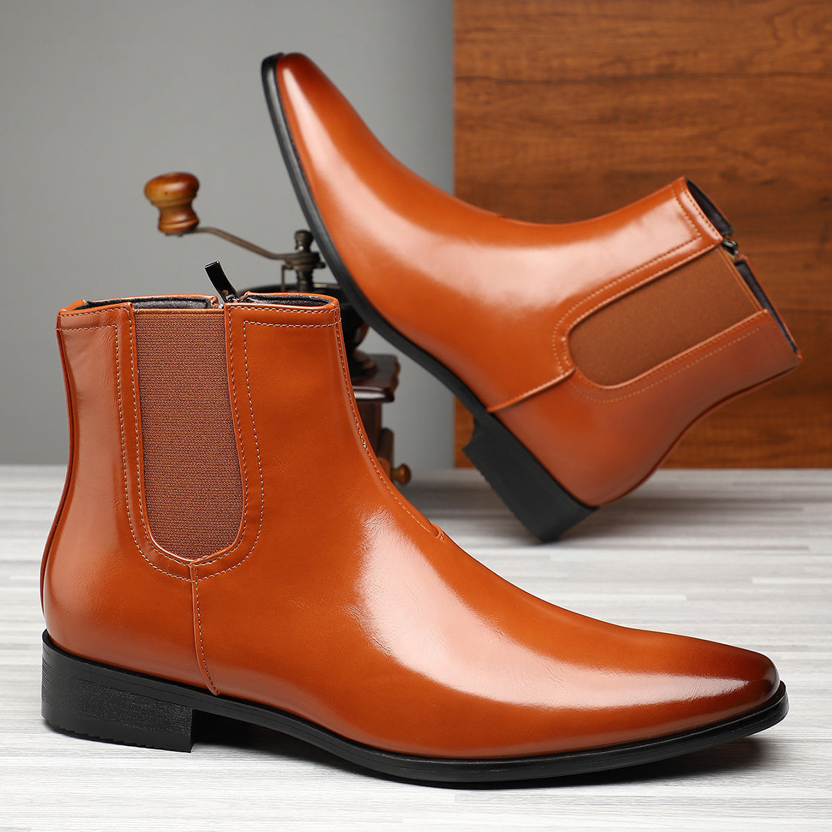 Retro brown ankle boots for men by SHOWLU FASHION STORE featuring side zipper and PU leather construction.