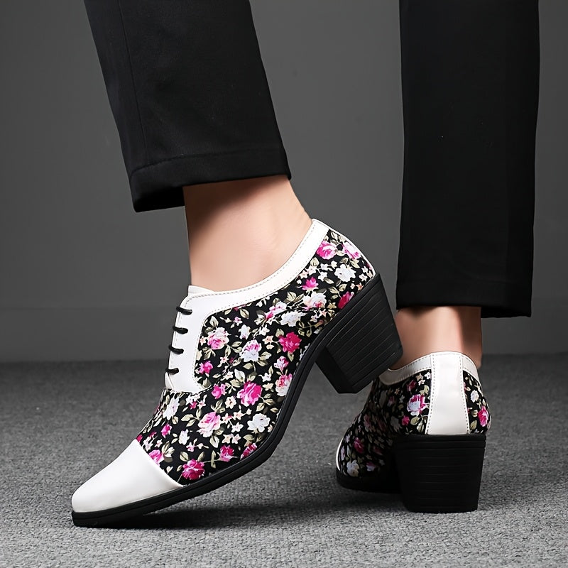 SHOWLU Men's floral lace-up loafers with pointed toe dress shoes, stylish and classic for formal or casual wear.