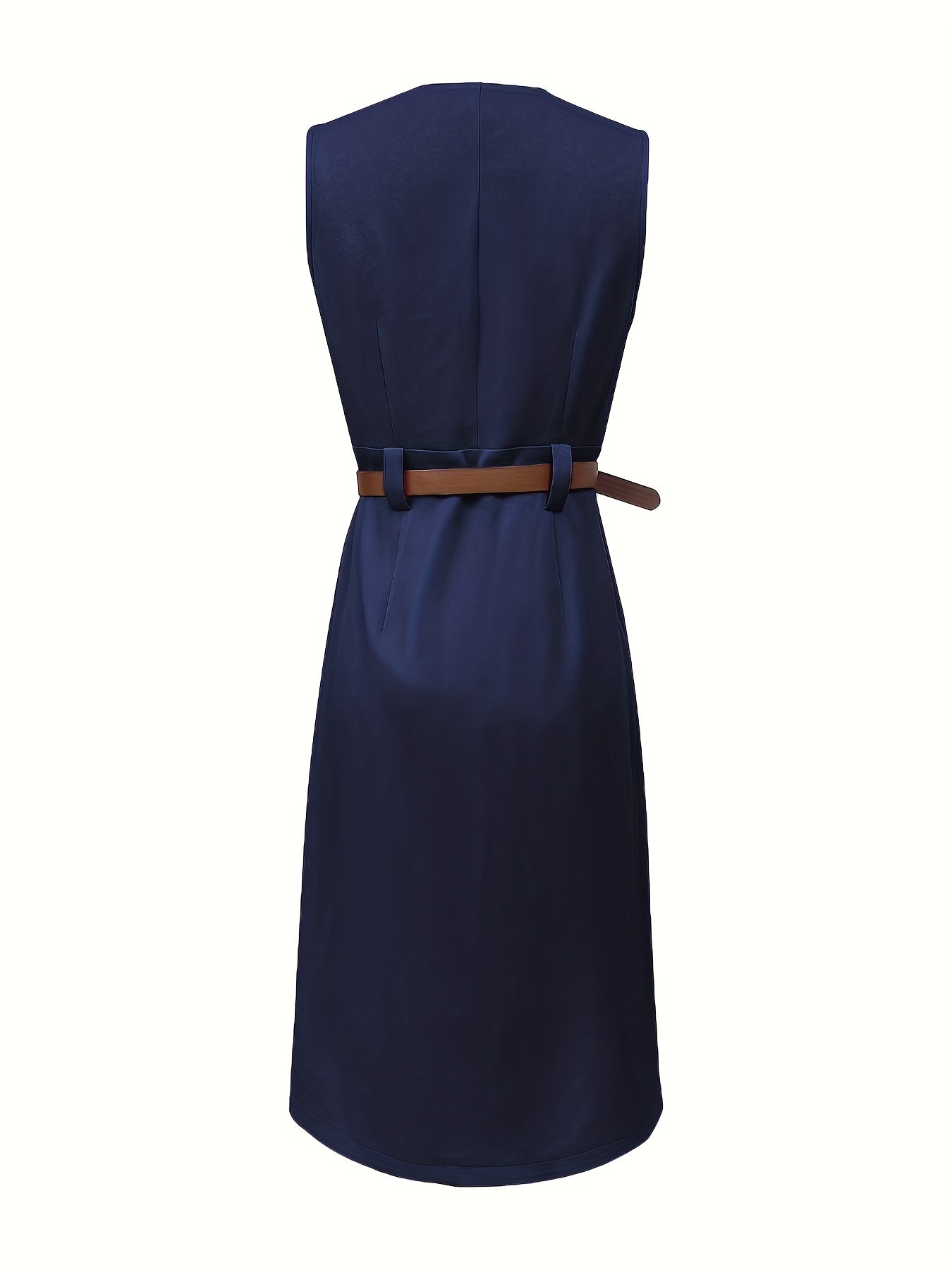 Navy blue women's V-neck midi dress by SHOWLU FASHION with belted waist, flowing fabric, and stylish design for elegant occasions.