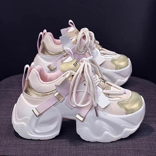 Women'S Chunky Platform Dad Sneakers - White & Pink Synthetic Cover Lace-Up Shoes with Thick Rubber Sole for Height, All-Season Comfort & Casual Style, High Top Sneakers, Comfortable Footwear, Round Toe Design, Durable Footwe