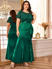 Plus Size, P54328A Elegant large size Women's lace contrasting satin sequined bridesmaid dress, round neck short sleeves, ruffle edge mermaid hem, very suitable for formal parties, parties, weddings