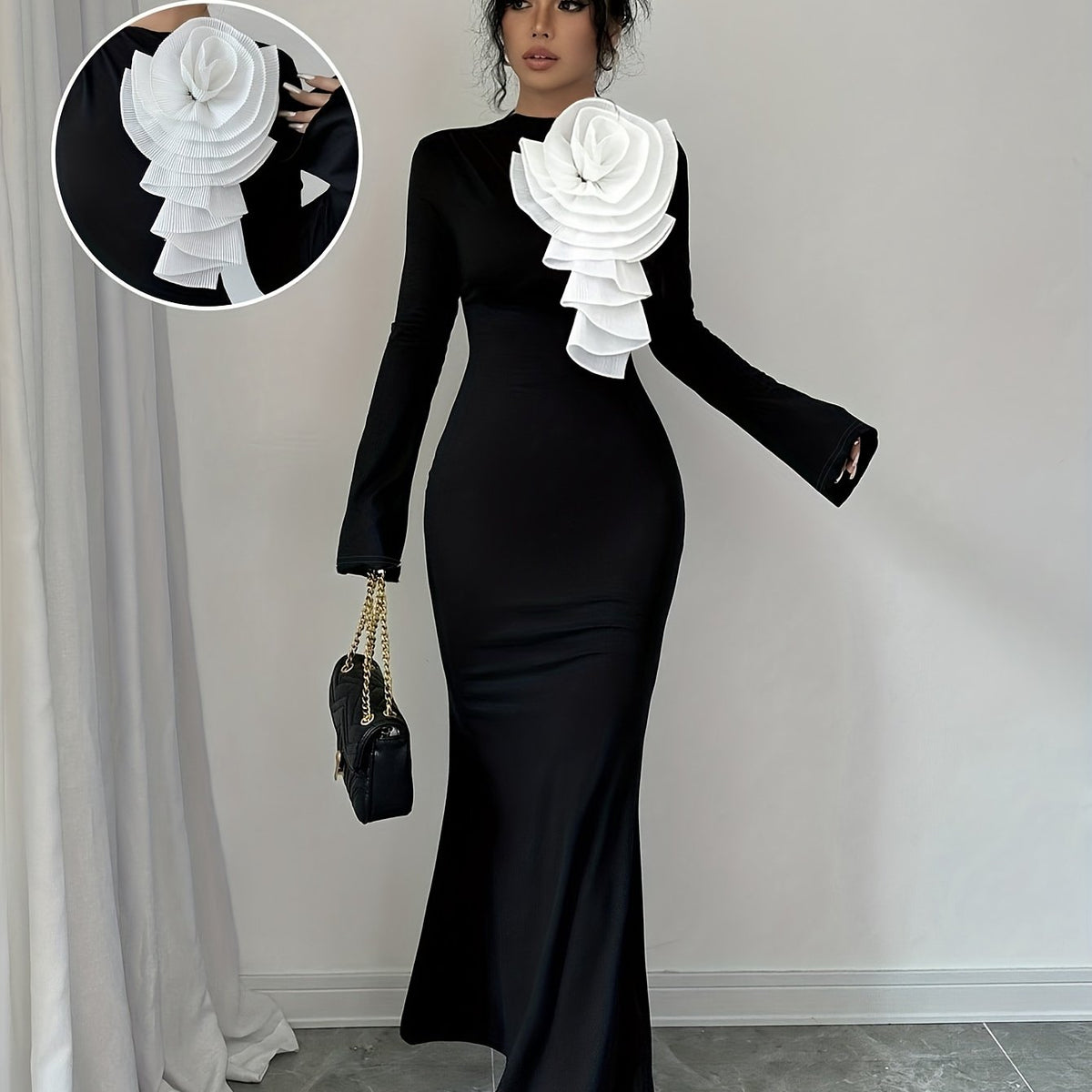 1pc Elegant Women's Long Sleeve Round Neck Solid Color Party Dress with 3D Flower Applique, Spandex Knit Fabric, Bodycon Fit for Adults - All Seasons