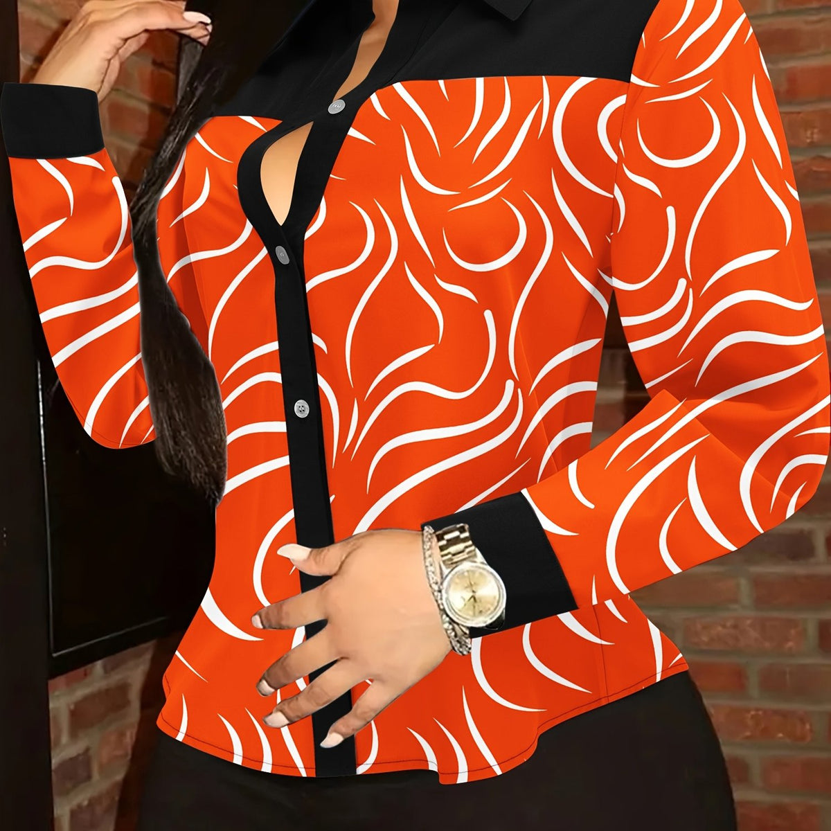 Women's Elegant Striped Button-Front Blouse - Orange & Black Contrast Design, Semi-Sheer Long Sleeve Shirt, Machine Washable All-Season Top for Casual & Formal Wear, Contrast Color Design, Structured Turndown Collar