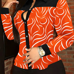 Women's Elegant Striped Button-Front Blouse - Orange & Black Contrast Design, Semi-Sheer Long Sleeve Shirt, Machine Washable All-Season Top for Casual & Formal Wear, Contrast Color Design, Structured Turndown Collar