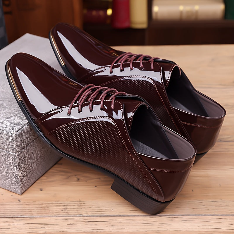 SHOWLU Men's pointed toe lace-up dress shoes in solid PU leather, classic Oxford style with sleek design.