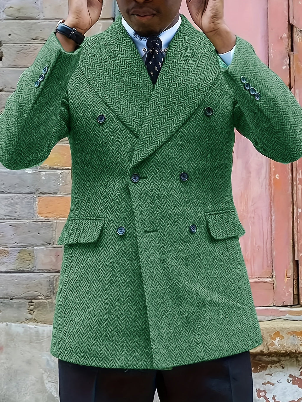 SHOWLU FASHION men's retro herringbone double-breasted blazer with lapel, tailored fit, and classic style, shown in the image.