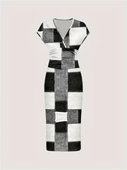 Plaid Print V-neck Short-sleeved Dress For Women, Spring/summer
