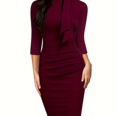 Stunning Three-Quarter Sleeve Sheath Dress - Elegant Tie-Neck Design, Draped Silhouette, Comfortable Wear for Spring & Summer - Women's Classic Clothing for Daily Life, Outdoor Events, and Work