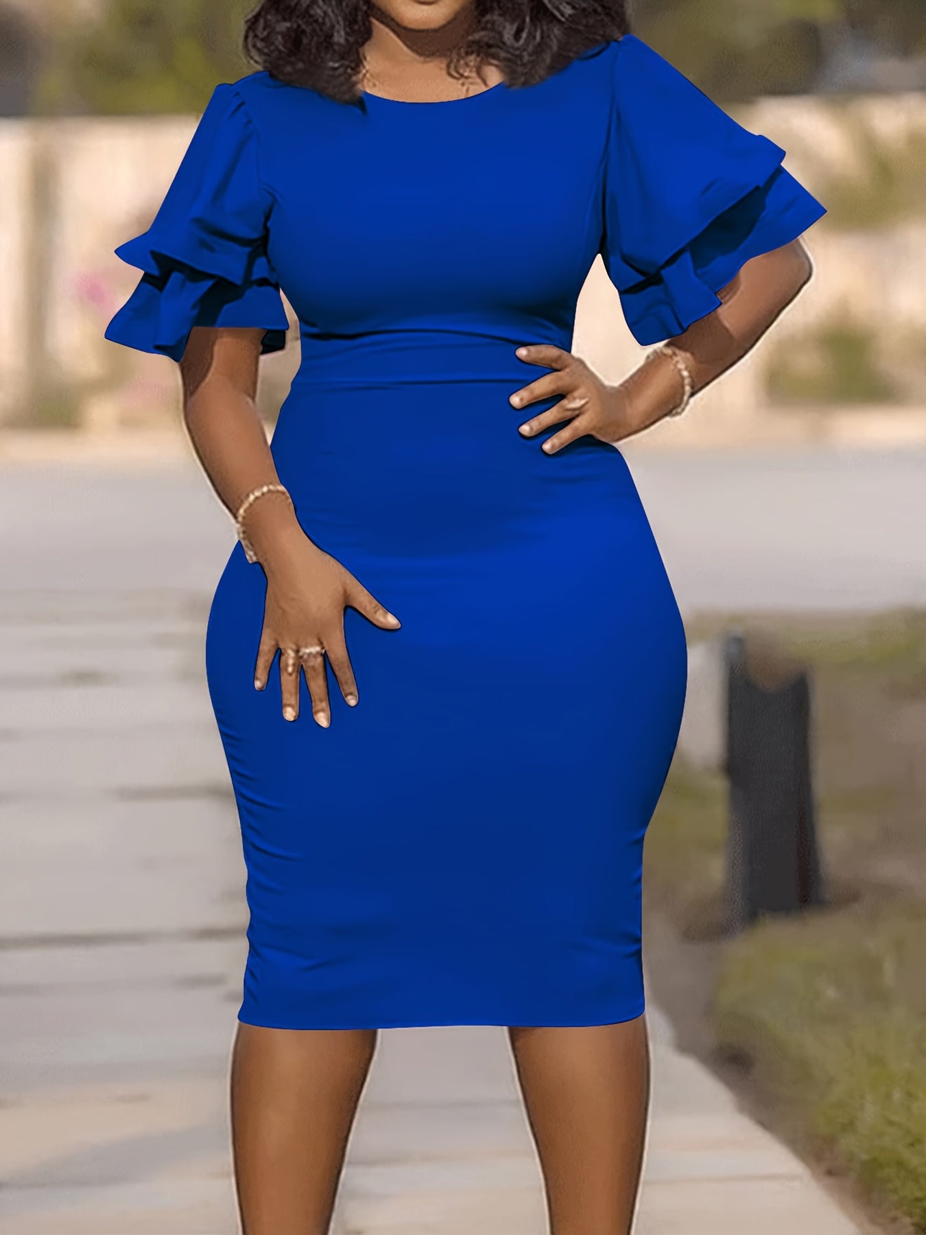 SHOWLU FASHION women's ruffle sleeve bodycon midi pencil dress, ideal for parties, shown in stylish black fabric.