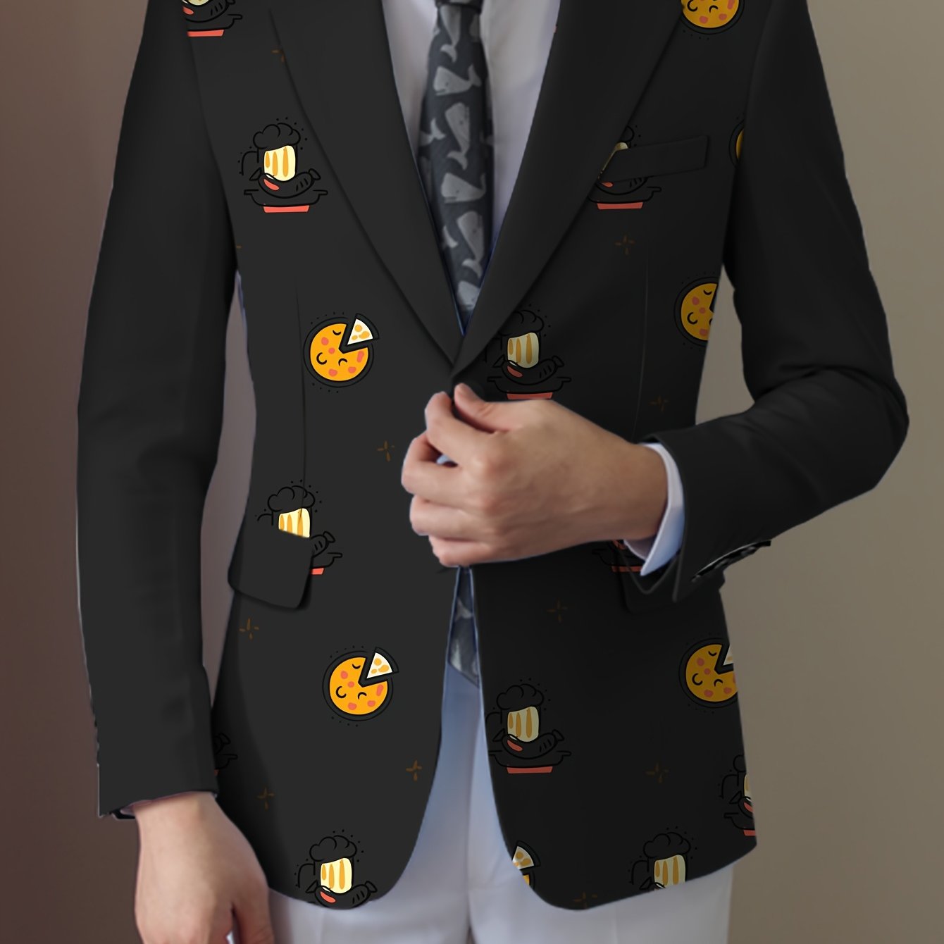 SHOWLU Men's casual blazer featuring a food cartoon design, regular fit lapel suit jacket with stylish details and vibrant pattern.