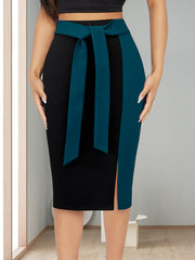 Women's Elegant Slim-Fit Color-Block Midi Skirt - Black to Burgundy Ombre with Adjustable Ribbon Bow Detail, Machine Washable H-Silhouette for Spring/Summer Office to Party Wear, Cute Skirts, Sophisticated Texture