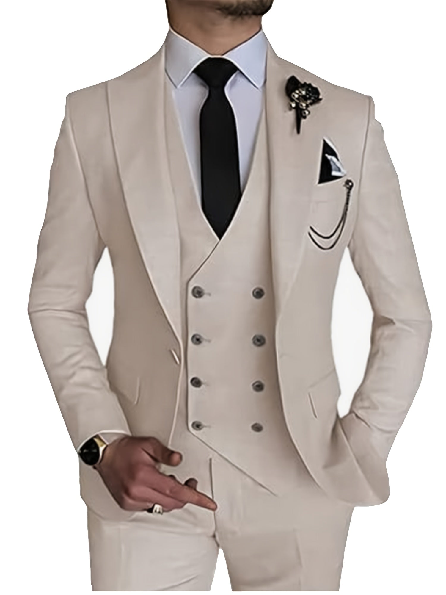 Men's slim fit black suit with tie, three-piece business tuxedo, stylish formal wear by SHOWLU FASHION STORE.