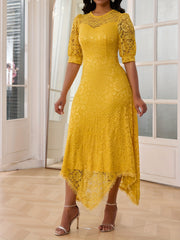 Women's Elegant Yellow Lace Dress - Slim-Fit Round Neck Long Sleeve A-Line with Asymmetrical Hem, Machine Washable Mid-Stretch Fabric for All-Season Wear HRYY281, Stylish Occasion Attire, Formal Evening Wear, Sleek Silhouette