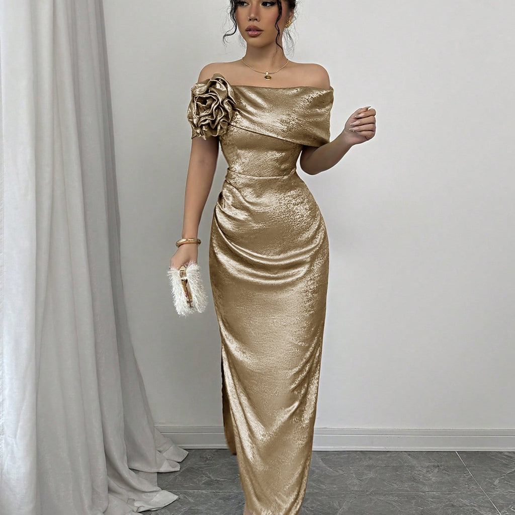Red off-shoulder bodycon maxi dress with a low slit from SHOWLU FASHION, displayed on a model showing its fitted silhouette and elegant style.